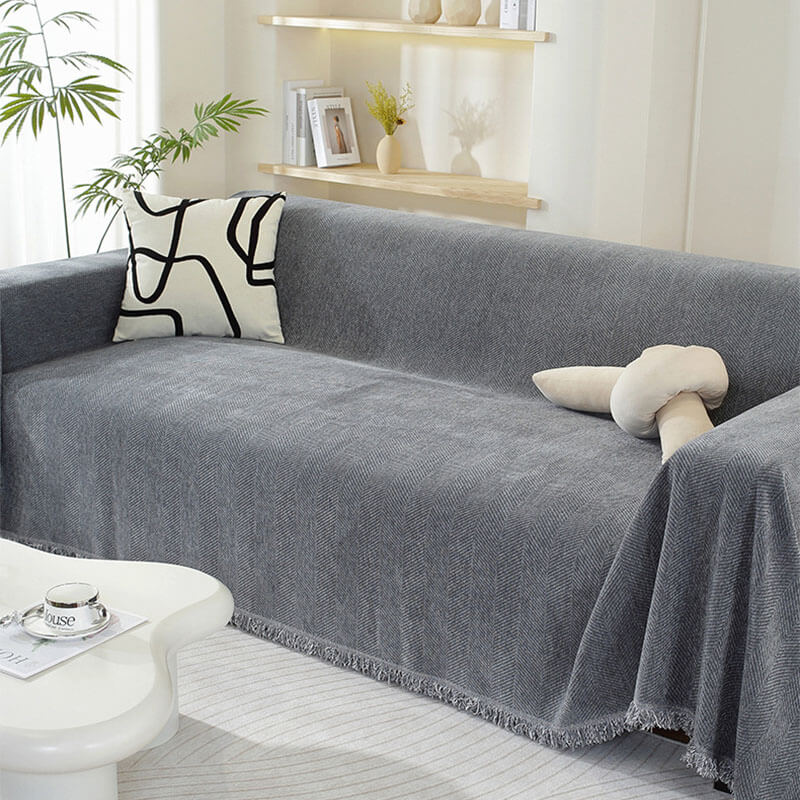 Chenille Herringbone Fringe Sofa Cover