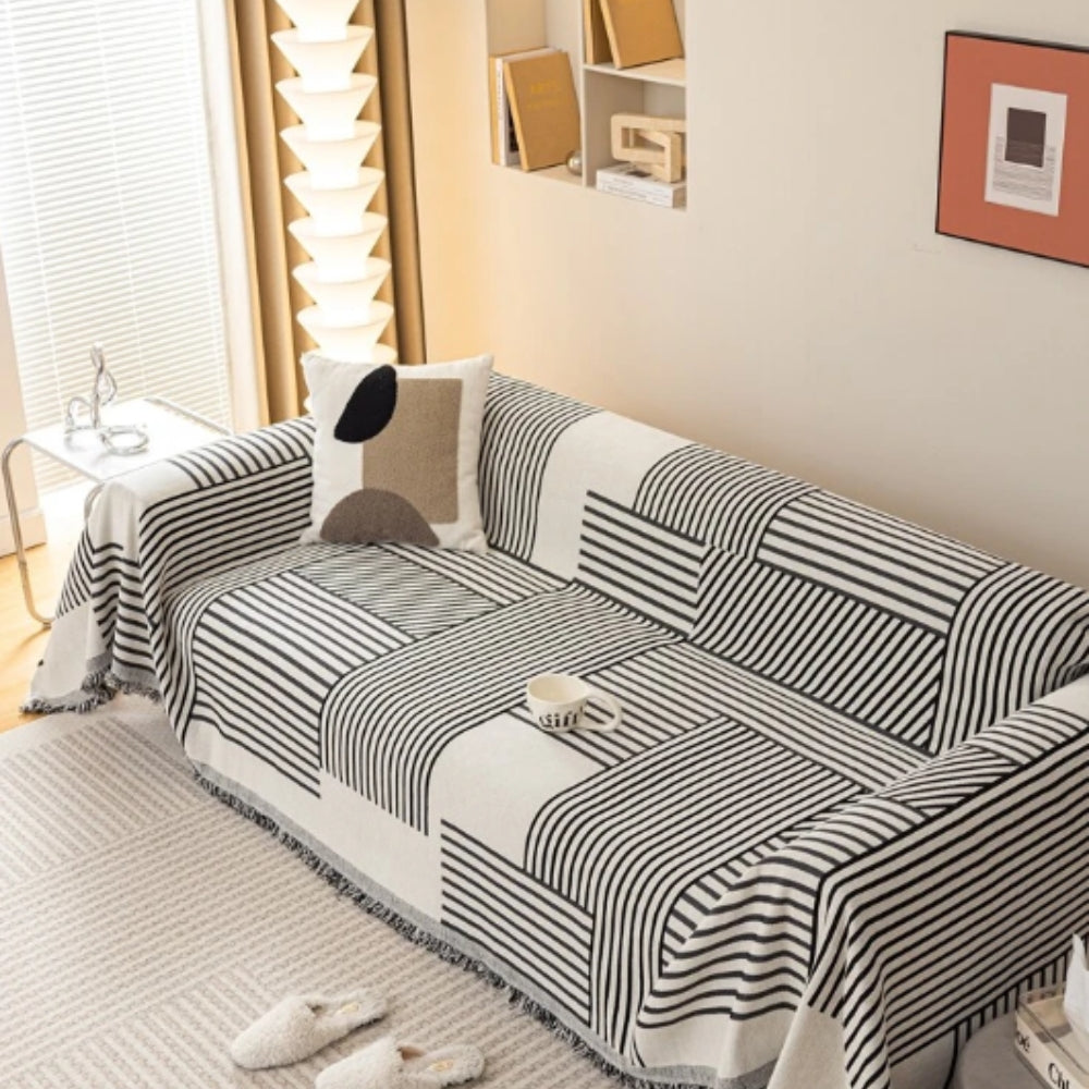 Chenille Striped Sofa Cover with Tassels