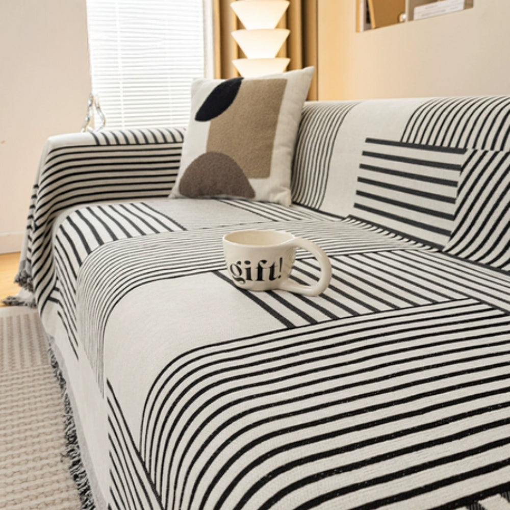 Chenille Striped Sofa Cover with Tassels