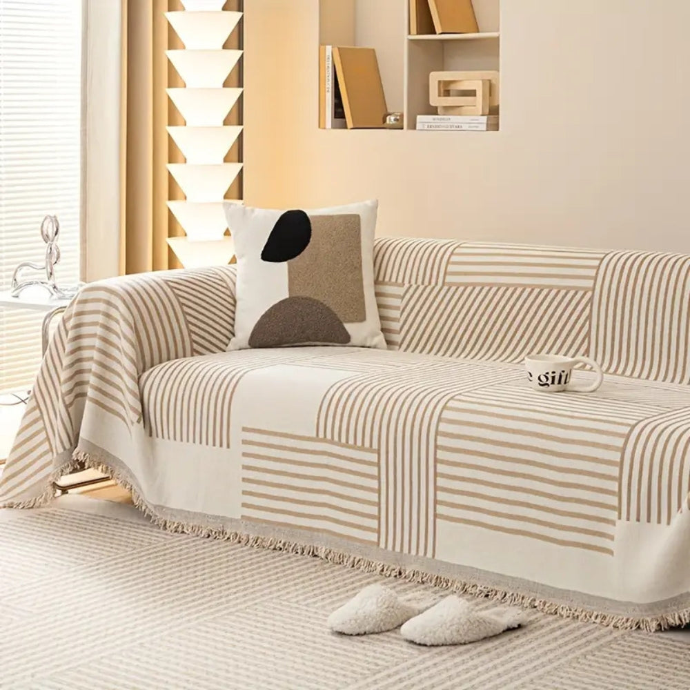Chenille Striped Sofa Cover with Tassels