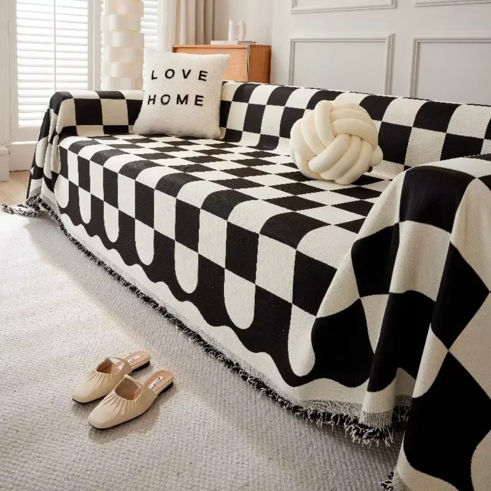 Chess Board Chic Tasseled Sofa Cover in Cotton-Microfiber