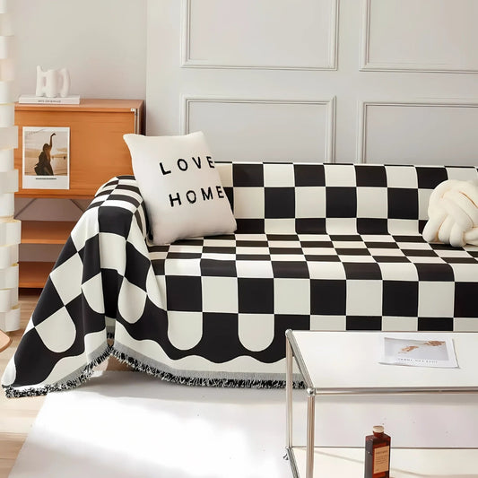 Chess Board Chic Tasseled Sofa Cover in Cotton-Microfiber