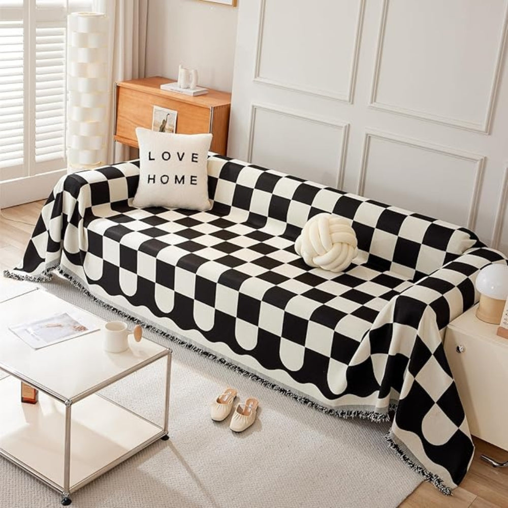 Checkered Tasseled Sofa Cover in Cotton-Microfiber Blend