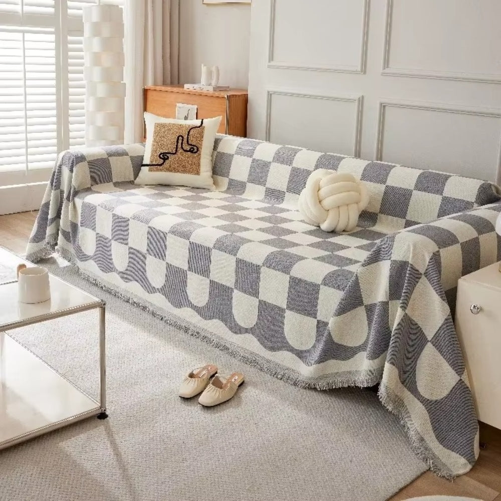 Chess Board Chic Tasseled Sofa Cover in Cotton-Microfiber