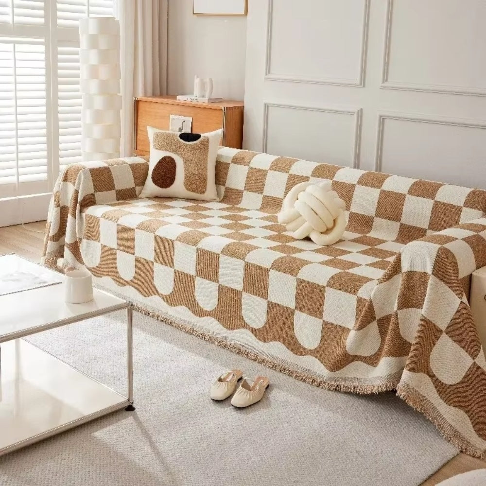 Chess Board Chic Tasseled Sofa Cover in Cotton-Microfiber