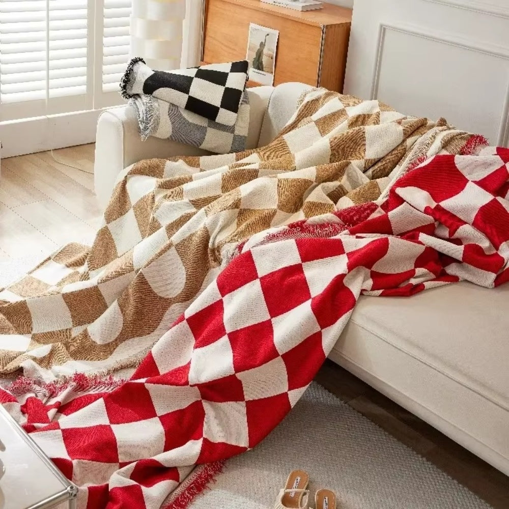 Chess Board Chic Tasseled Sofa Cover in Cotton-Microfiber