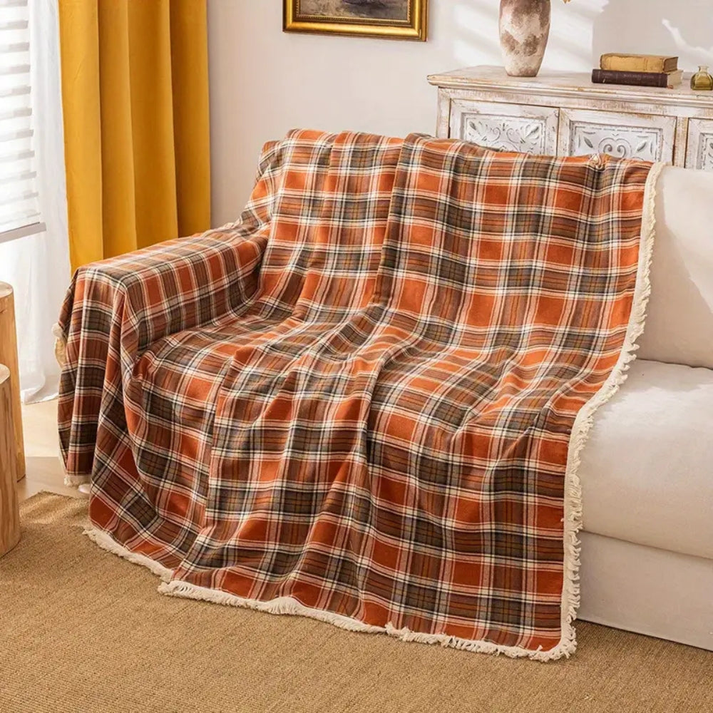 Autumn Chestnut Plaid Sofa Cover with Anti-Slip Design