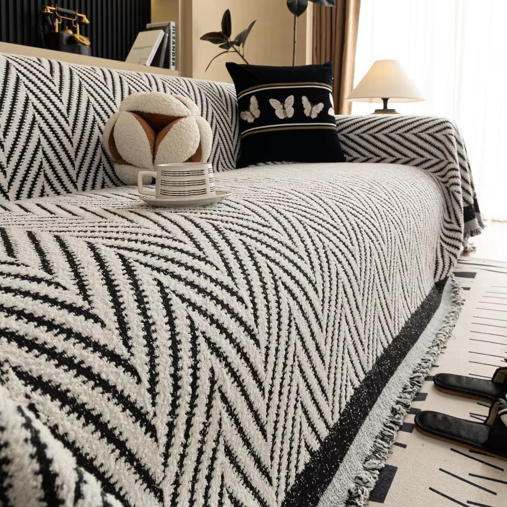 Chevron Herringbone Tassel Sofa Cover in Microfiber