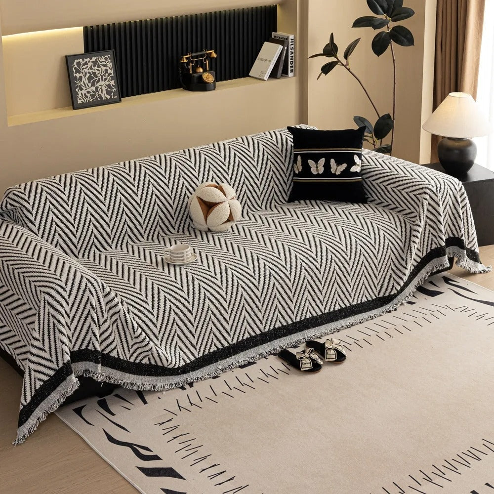 Chevron Herringbone Tassel Sofa Cover in Microfiber