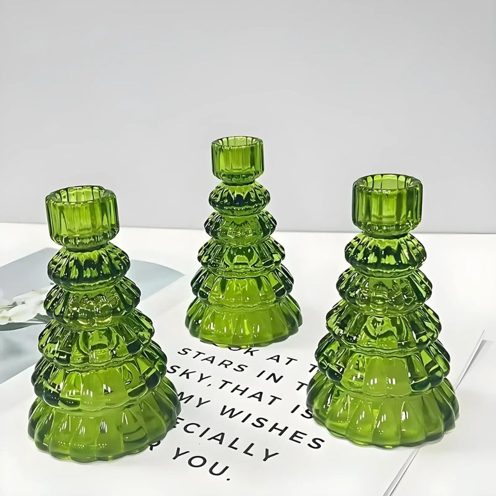 Christmas Tree Glass Candle Holders Set of 3