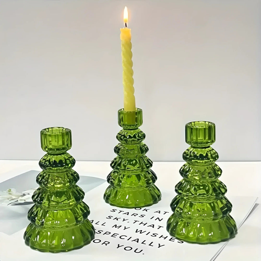 Christmas Tree Glass Candle Holders Set of 3