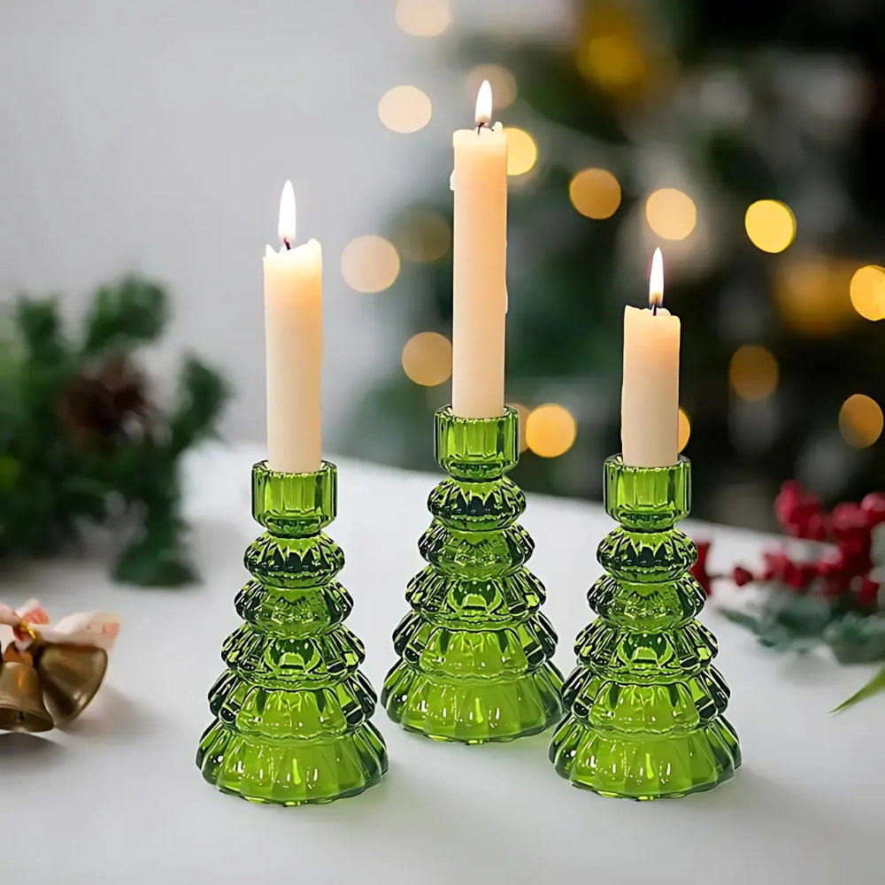 Christmas Tree Glass Candle Holders Set of 3