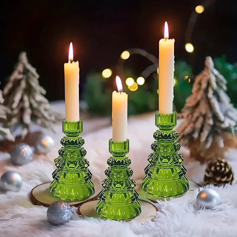Christmas Tree Glass Candle Holders Set of 3