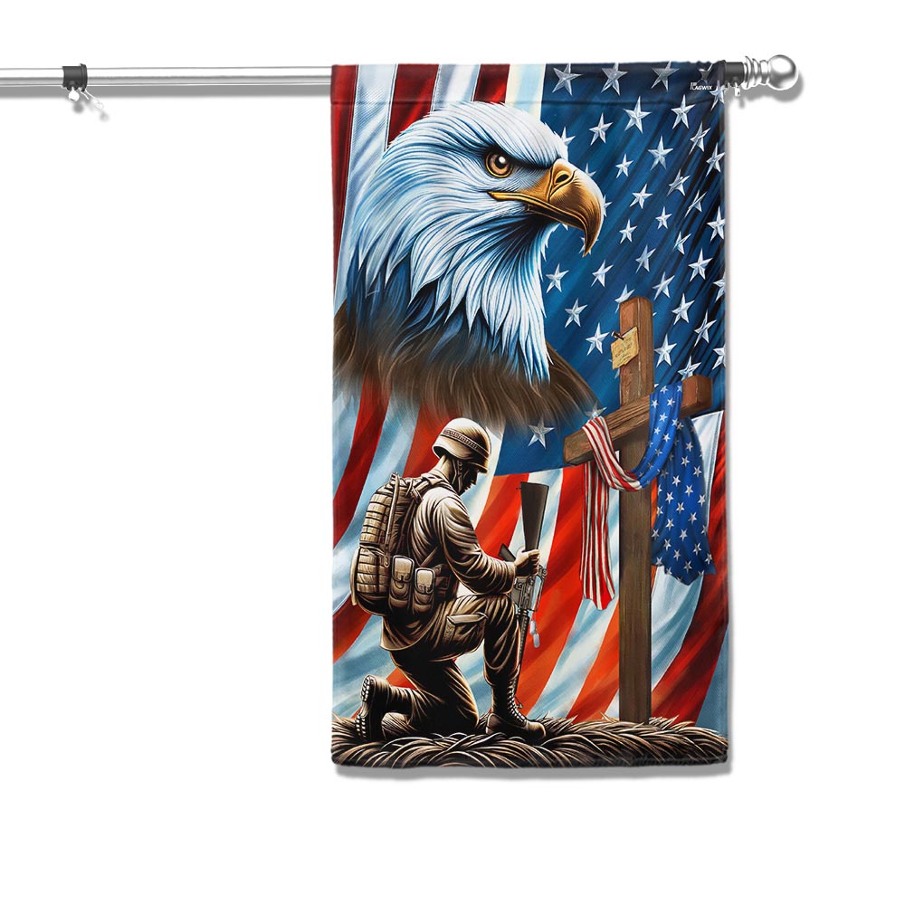 Patriotic Eagle Kneeling Soldier American Flag - Double-Sided Canvas, Memorial Day Decor