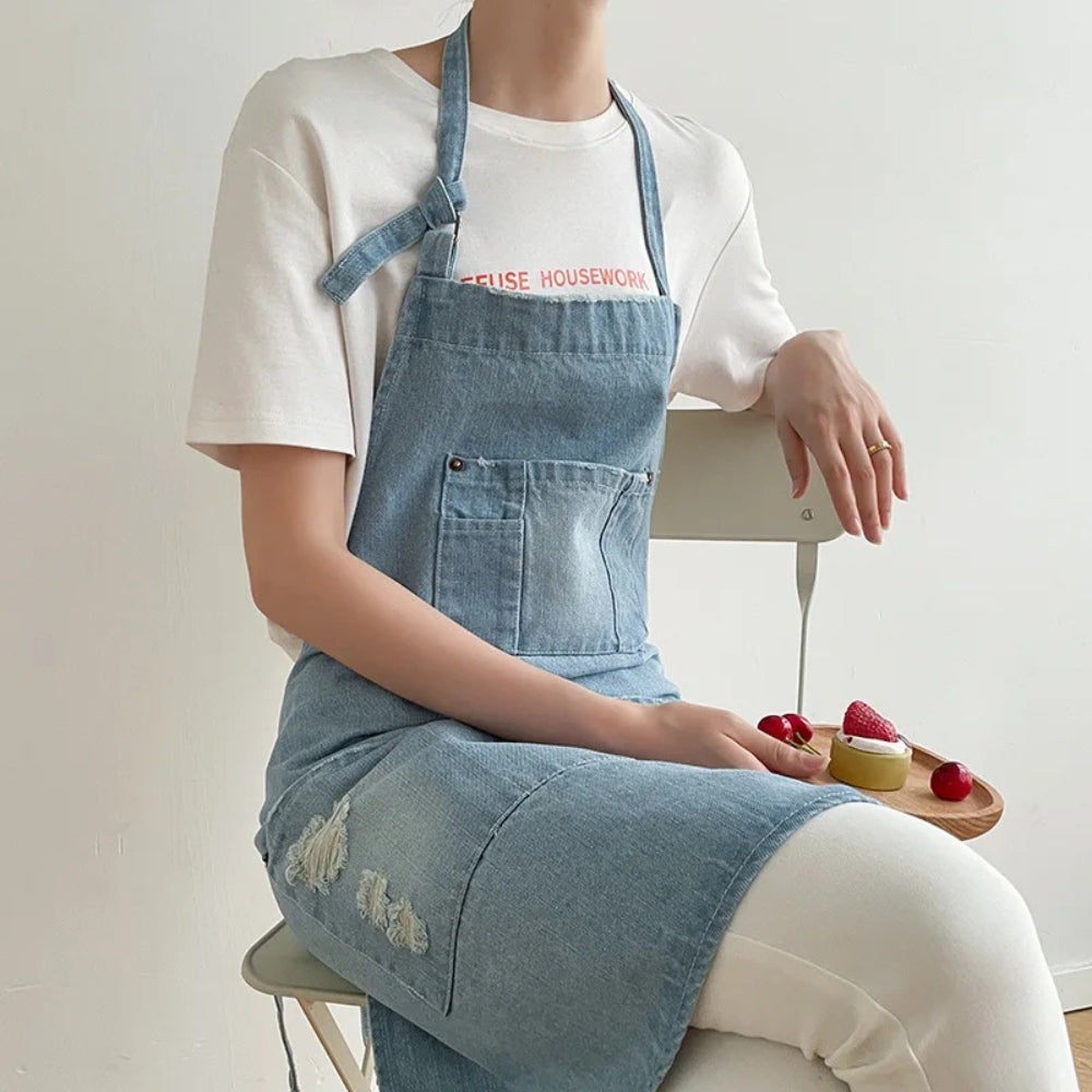 Classic Blue Denim Apron with Front Pockets