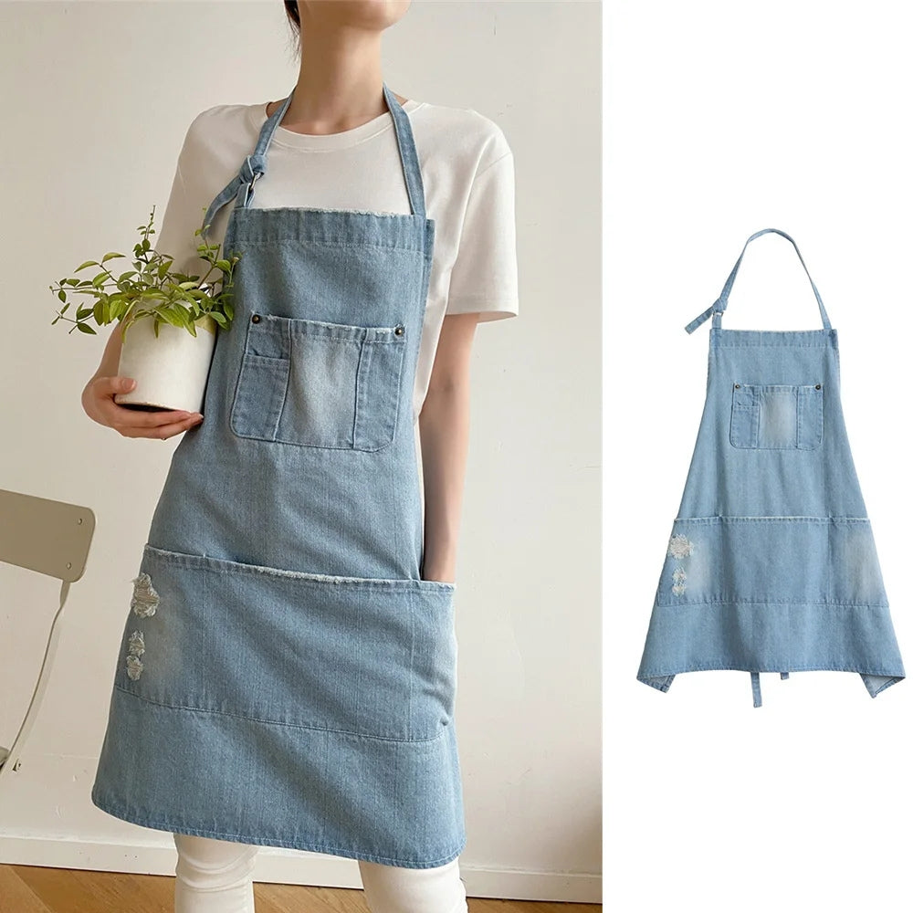 Classic Blue Denim Apron with Front Pockets