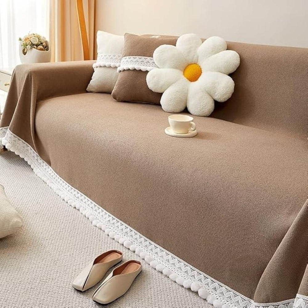 Chenille Lace Edge Sofa Cover with Non-Slip Backing