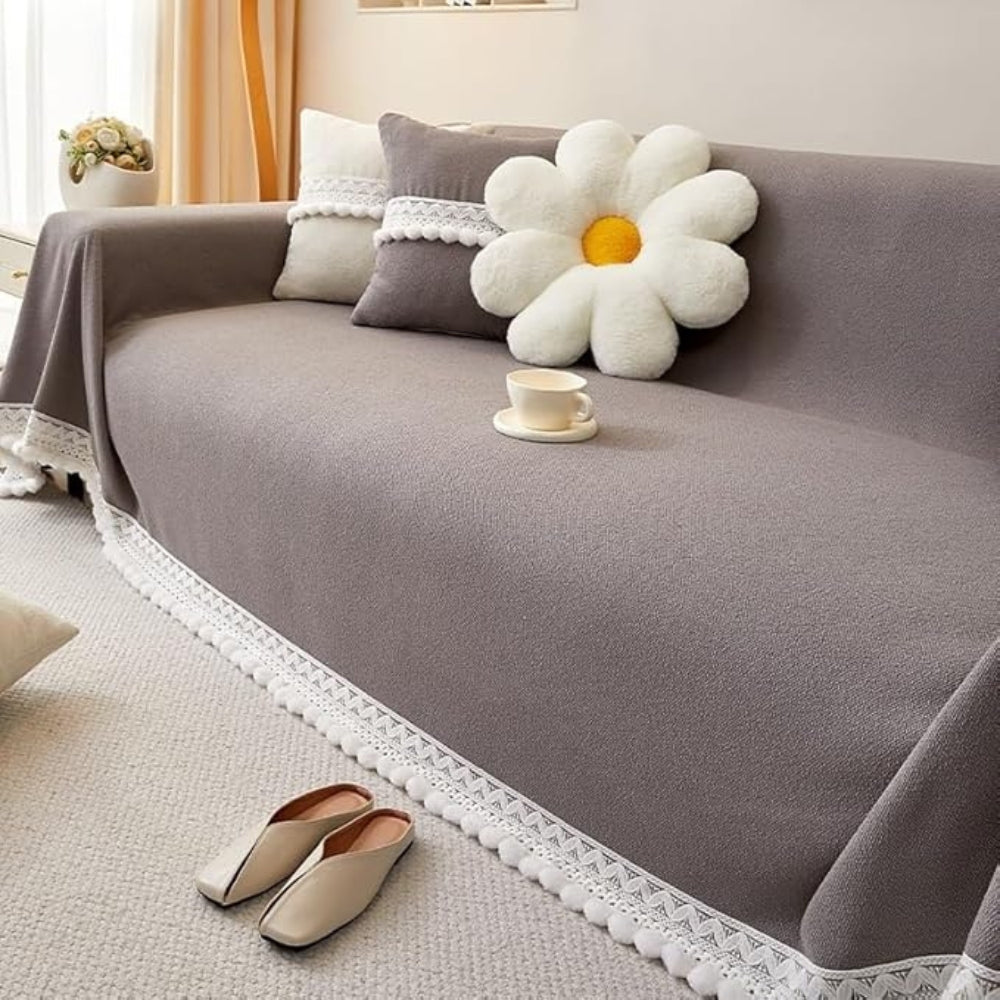 Chenille Lace Edge Sofa Cover with Non-Slip Backing