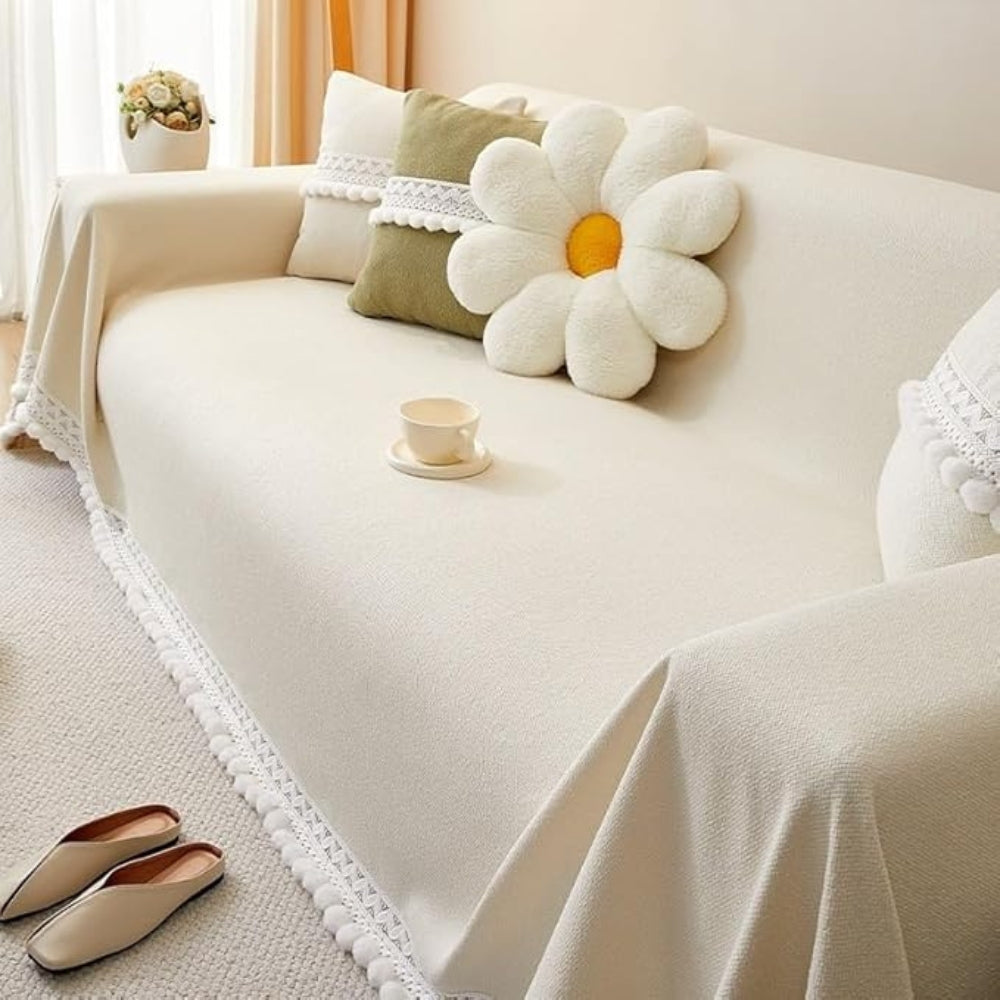 Chenille Lace Edge Sofa Cover with Non-Slip Backing