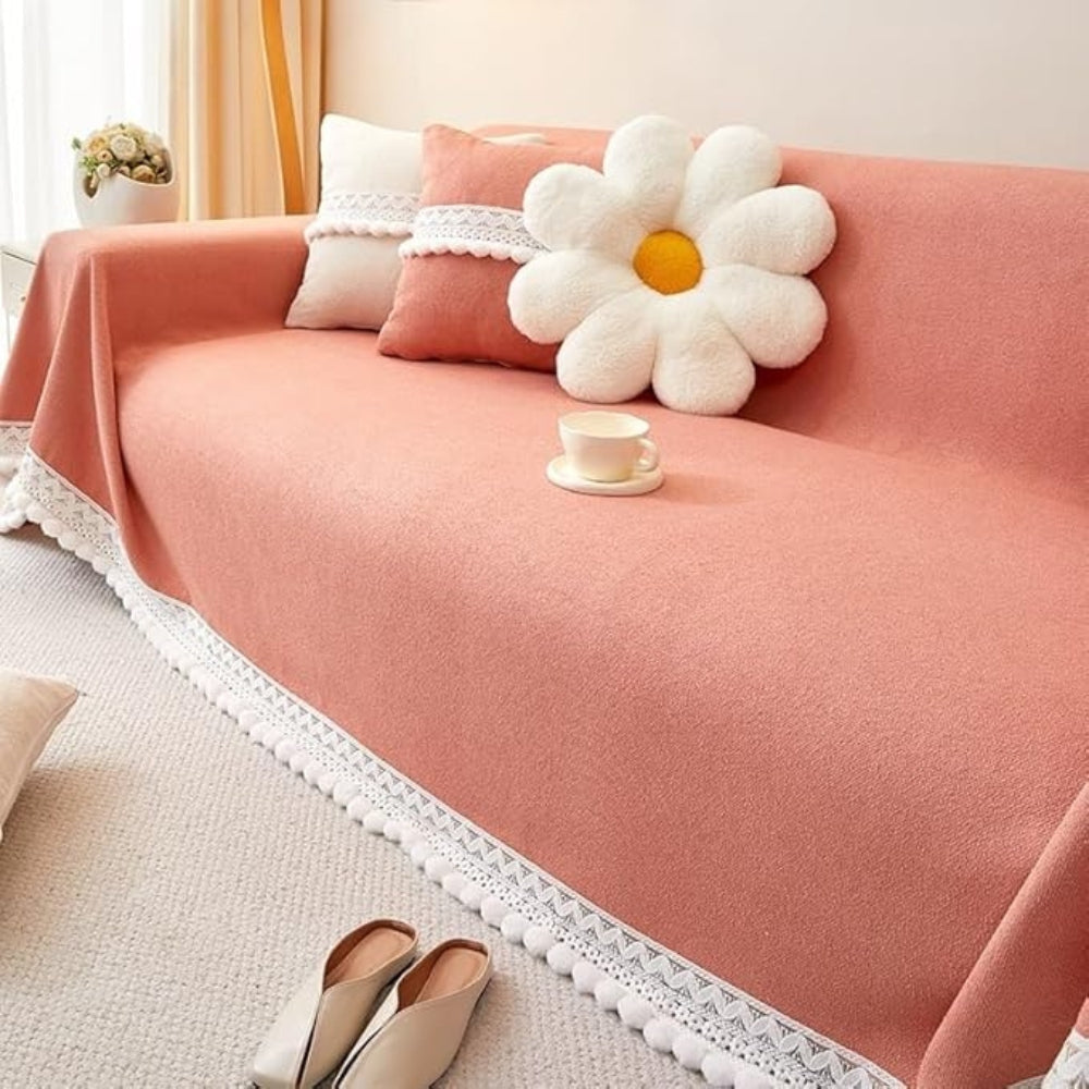 Chenille Lace Edge Sofa Cover with Non-Slip Backing