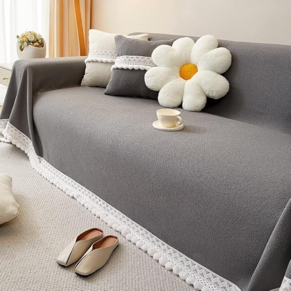 Chenille Lace Edge Sofa Cover with Non-Slip Backing