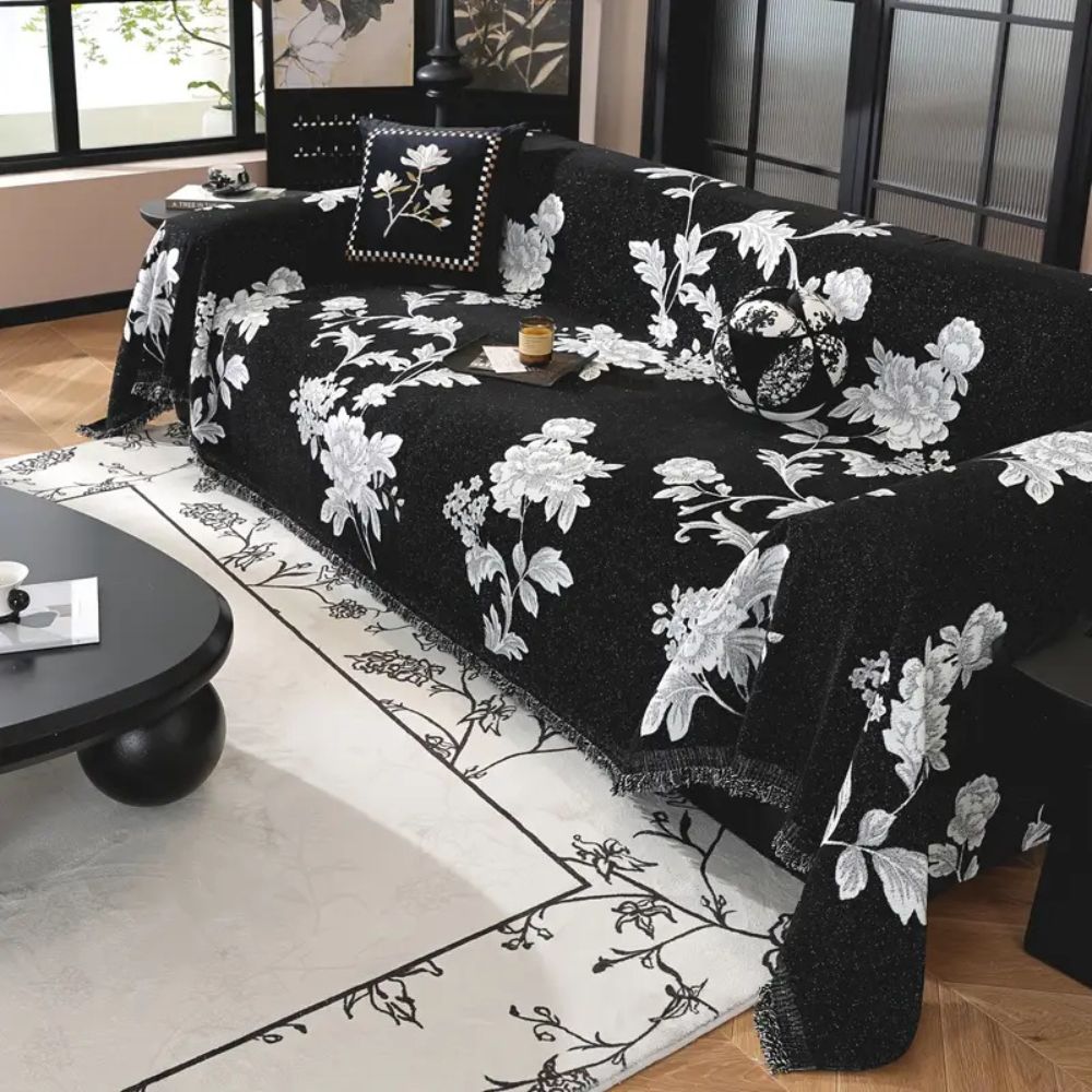 Classic Floral Chenille Sofa Cover with Tassel Edges