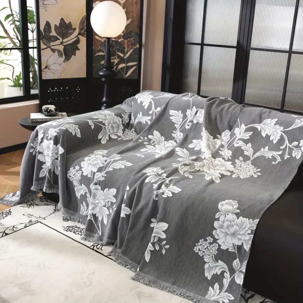 Classic Floral Chenille Sofa Cover with Tassel Edges