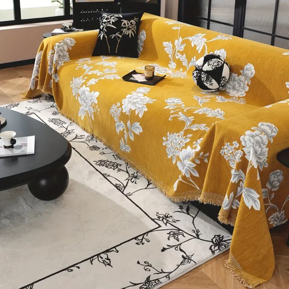 Classic Floral Chenille Sofa Cover with Tassel Edges