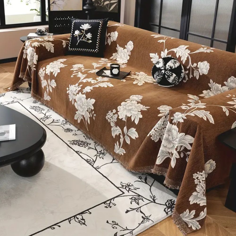 Classic Floral Chenille Sofa Cover with Tassel Edges