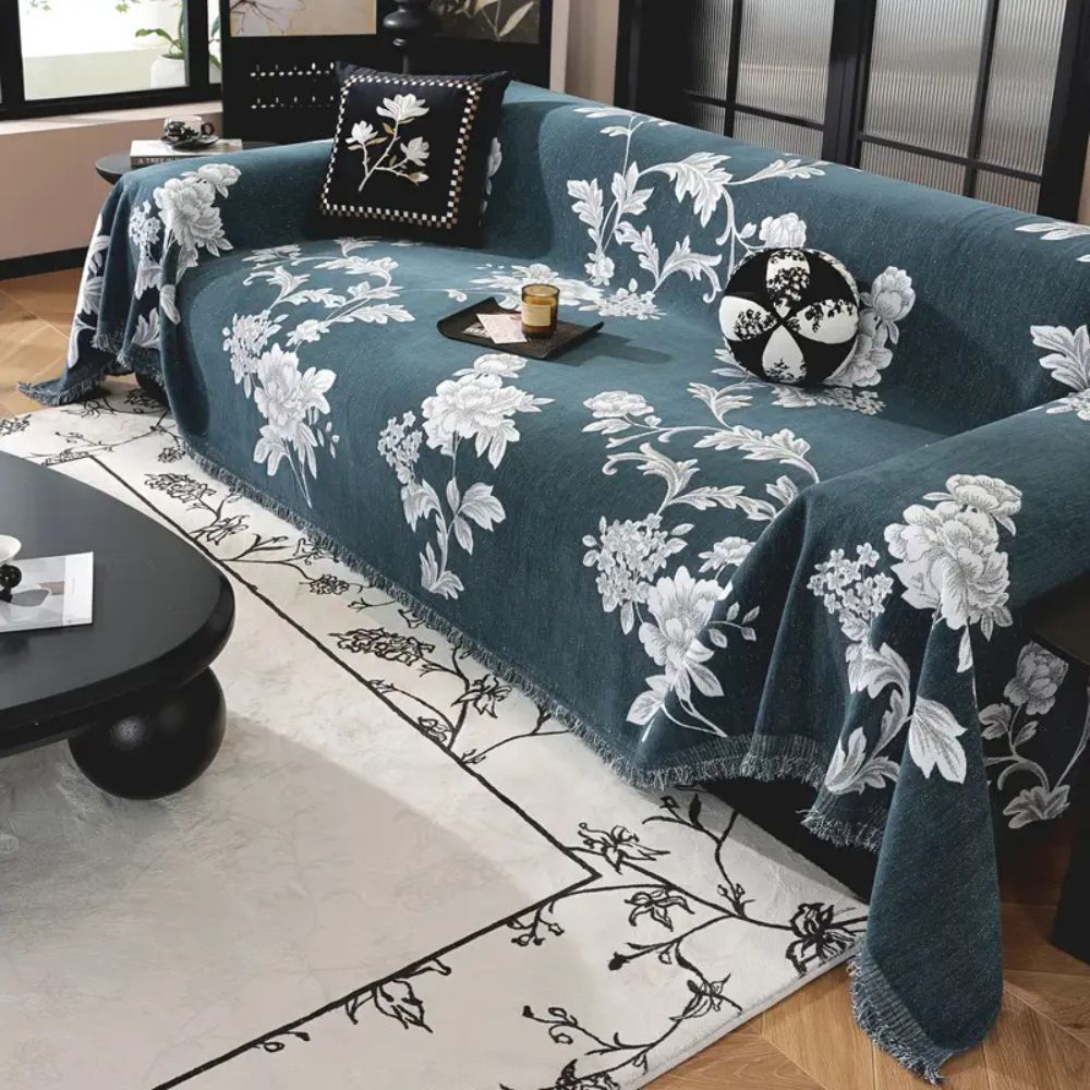 Classic Floral Chenille Sofa Cover with Tassel Edges