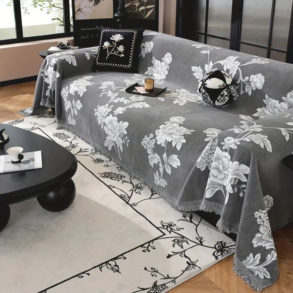 Classic Floral Chenille Sofa Cover with Tassel Edges