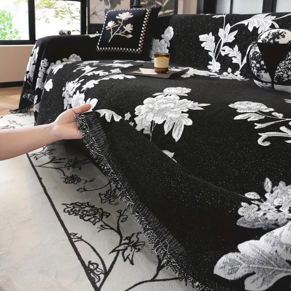 Classic Floral Chenille Sofa Cover with Tassel Edges