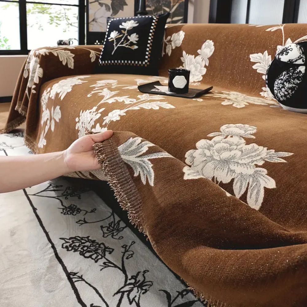 Classic Floral Chenille Sofa Cover with Tassel Edges