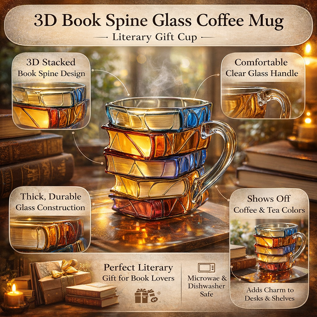 3D Book Spine Glass Coffee Mug Literary Gift