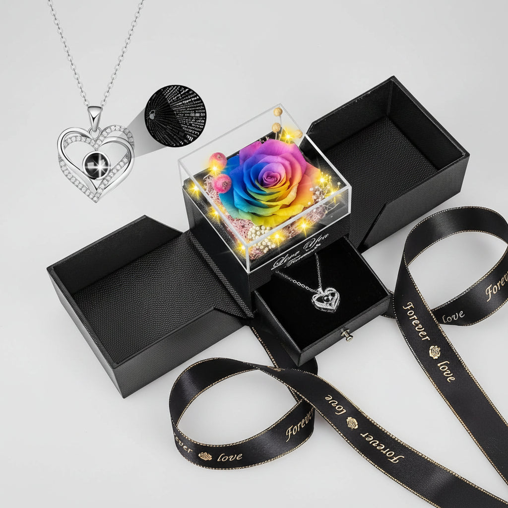 Preserved Galaxy Rose with Heart Necklace Gift Set