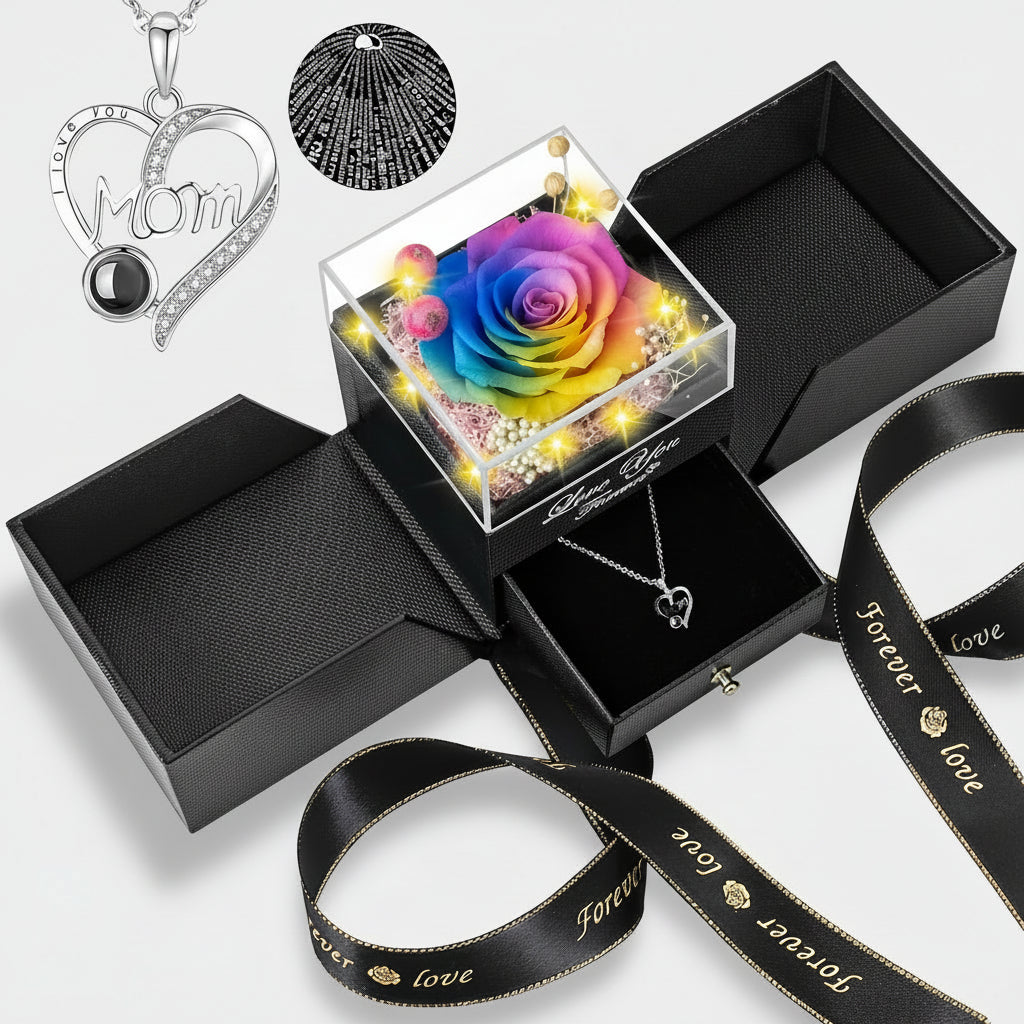 Preserved Galaxy Rose with Heart Necklace Gift Set