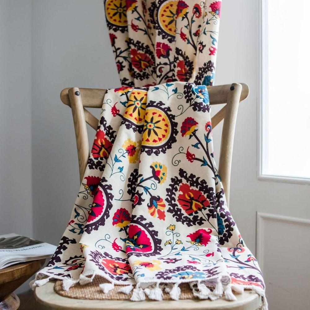 Multicolor Boho Floral Tassel Curtain