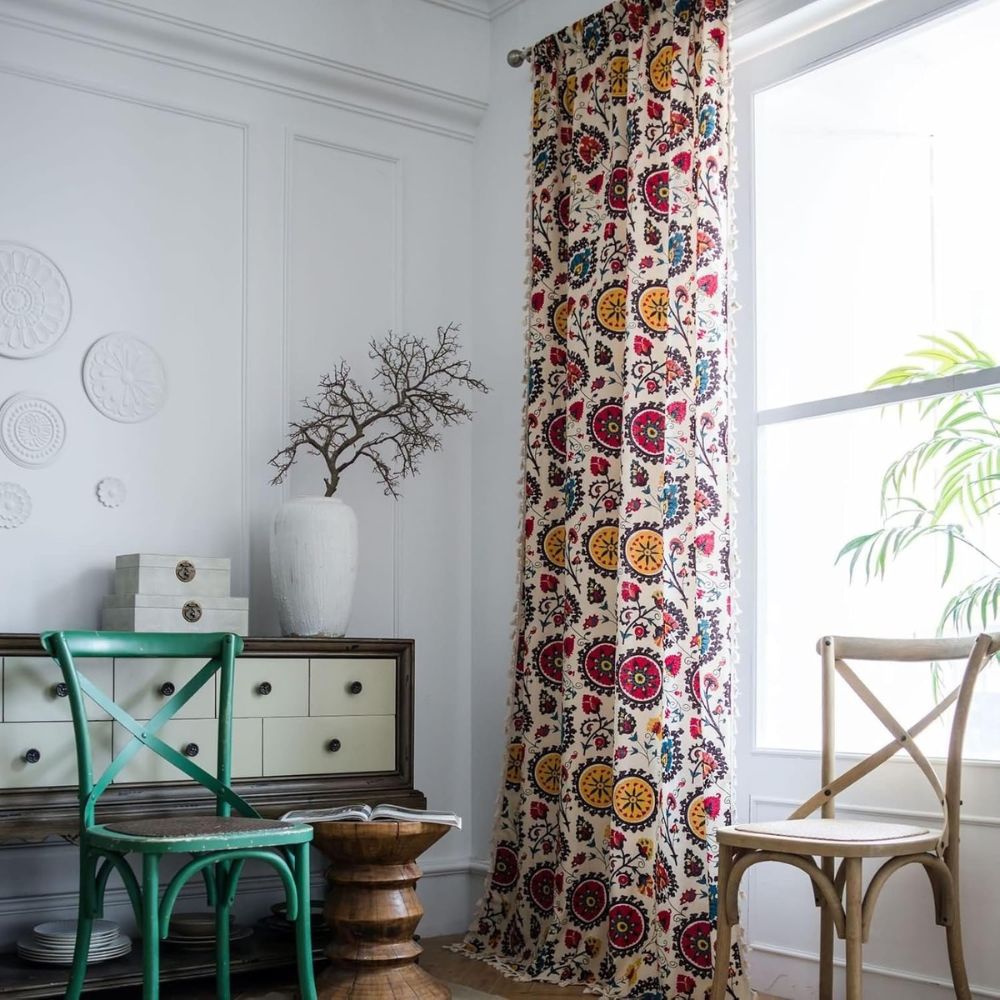 Multicolor Boho Floral Tassel Curtain