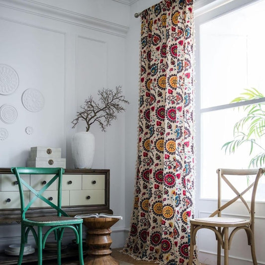 Multicolor Boho Floral Tassel Curtain