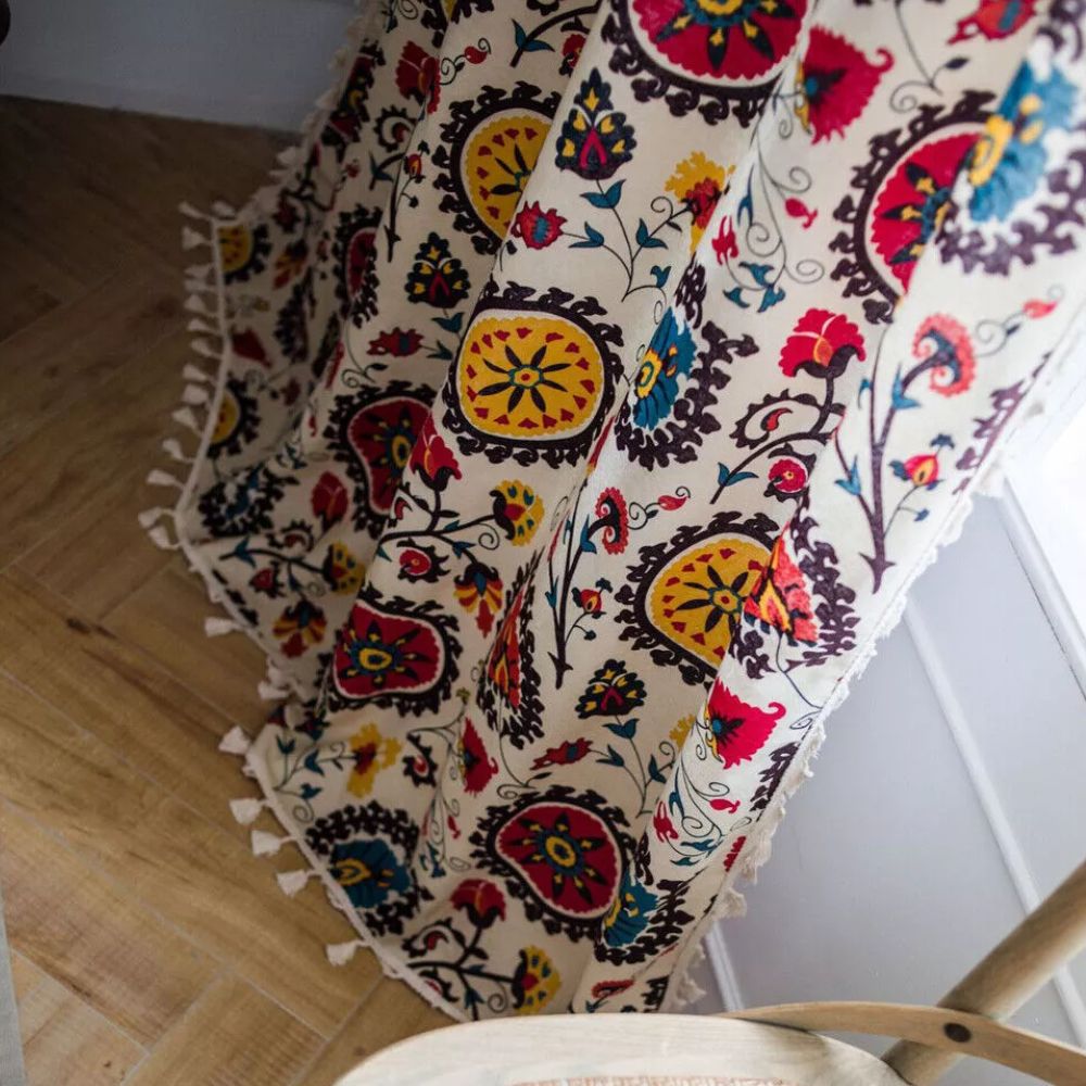 Multicolor Boho Floral Tassel Curtain