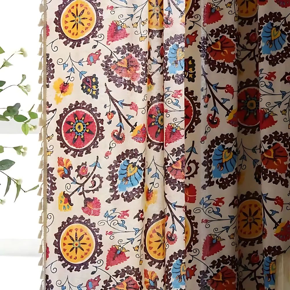 Multicolor Boho Floral Tassel Curtain
