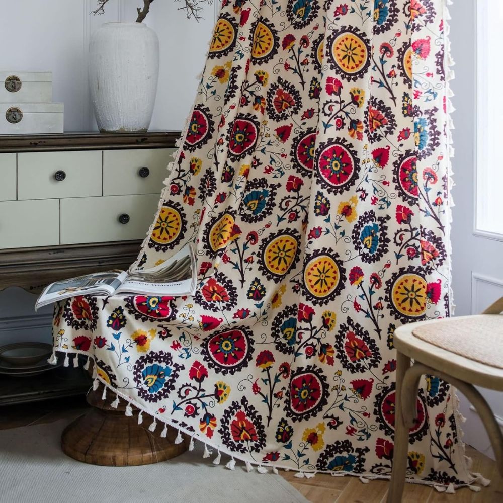 Multicolor Boho Floral Tassel Curtain