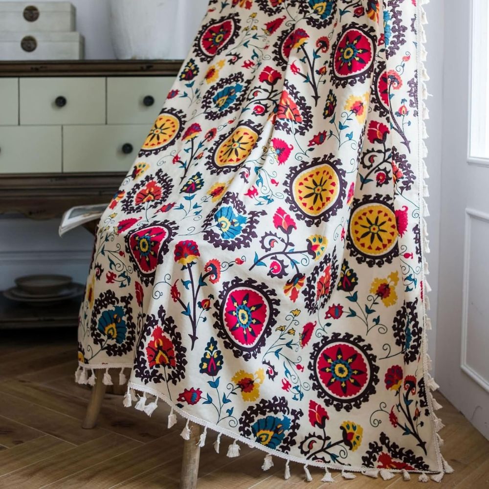 Multicolor Boho Floral Tassel Curtain
