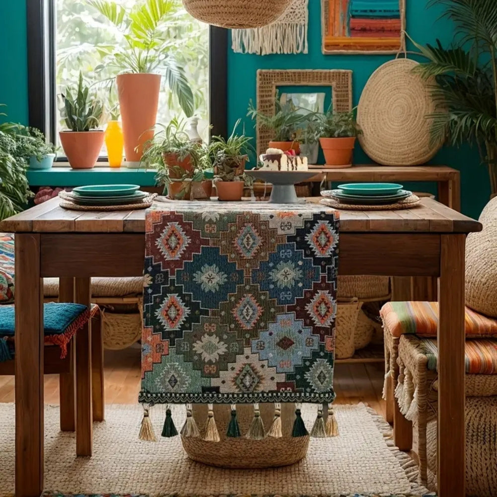 Colorful Geometric Boho Tassel Table Runner