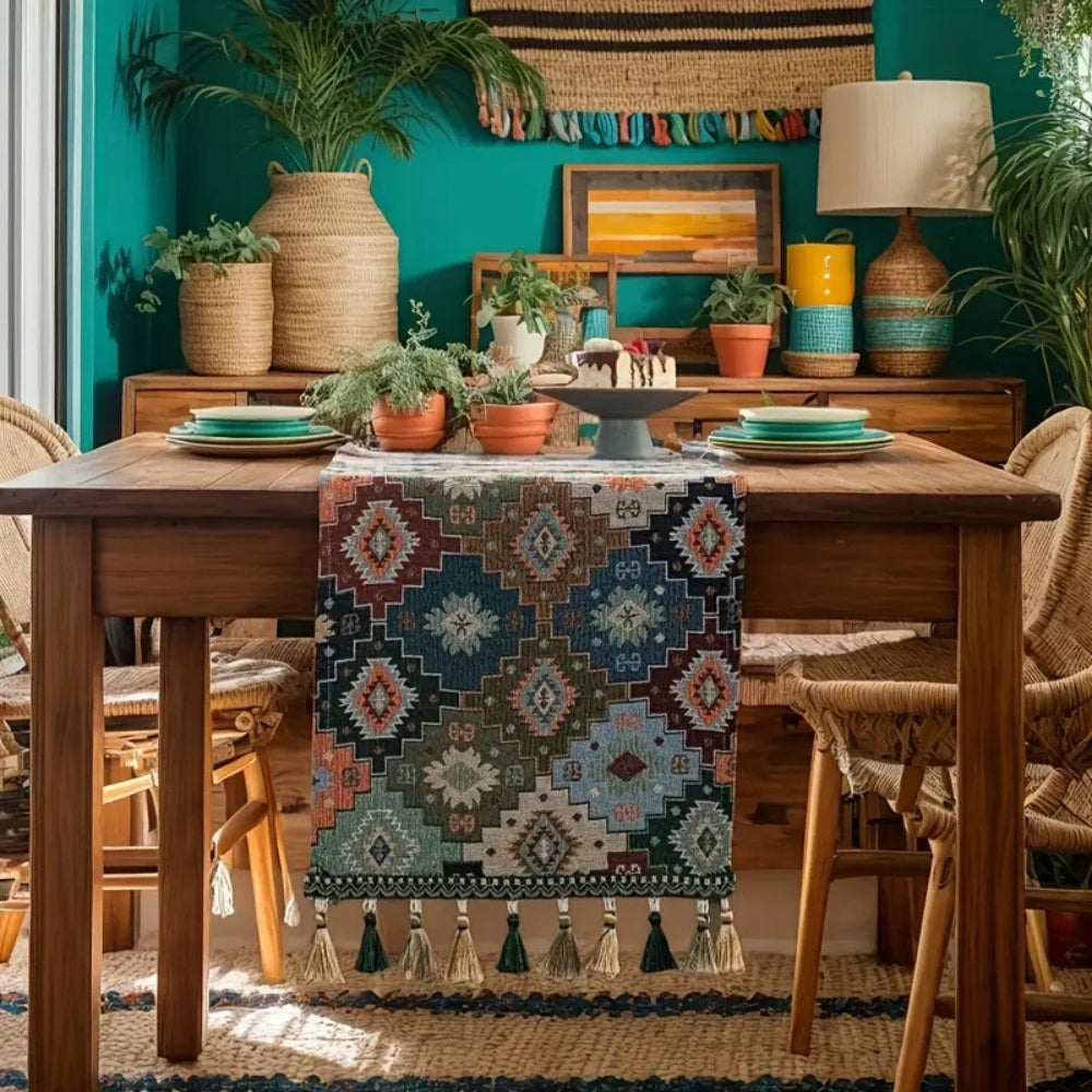 Colorful Geometric Boho Tassel Table Runner