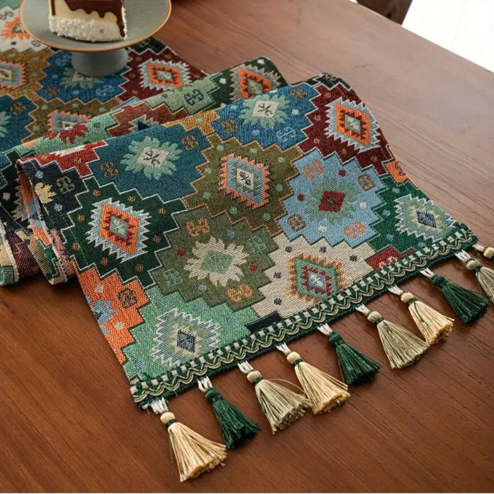 Colorful Geometric Boho Tassel Table Runner