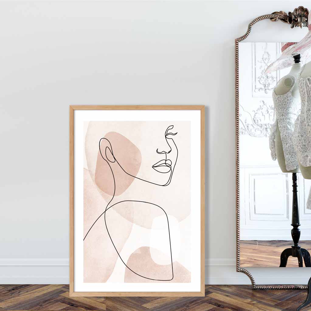 Coral Pink Abstract Line Art Female Face Poster