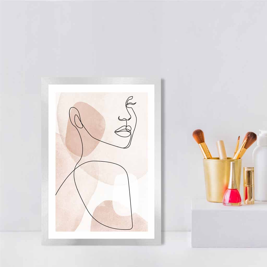Coral Pink Abstract Line Art Female Face Poster