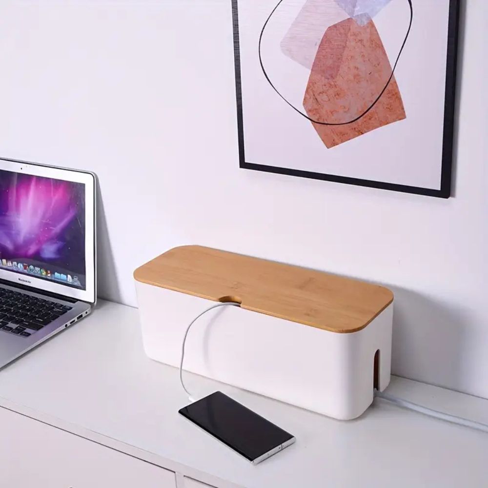 Bamboo Cable Organizer Box with Ventilated Base