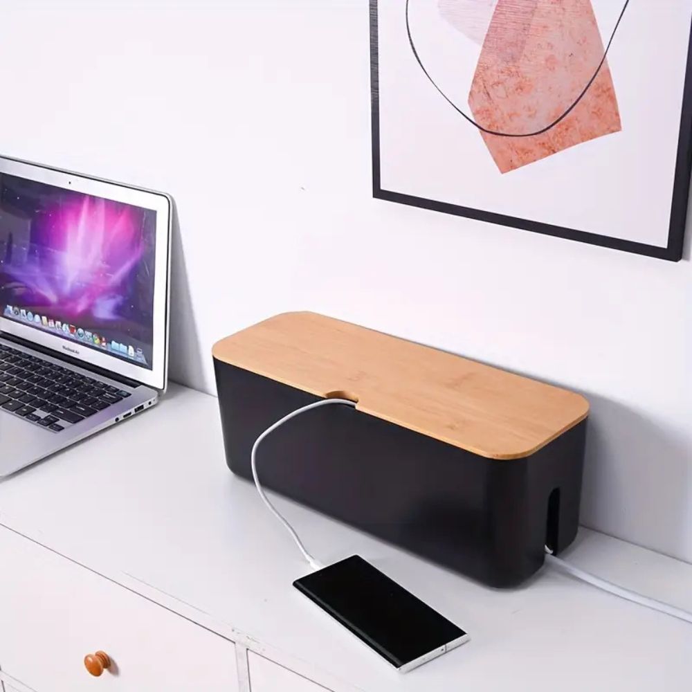 Bamboo Cable Organizer Box with Ventilated Base